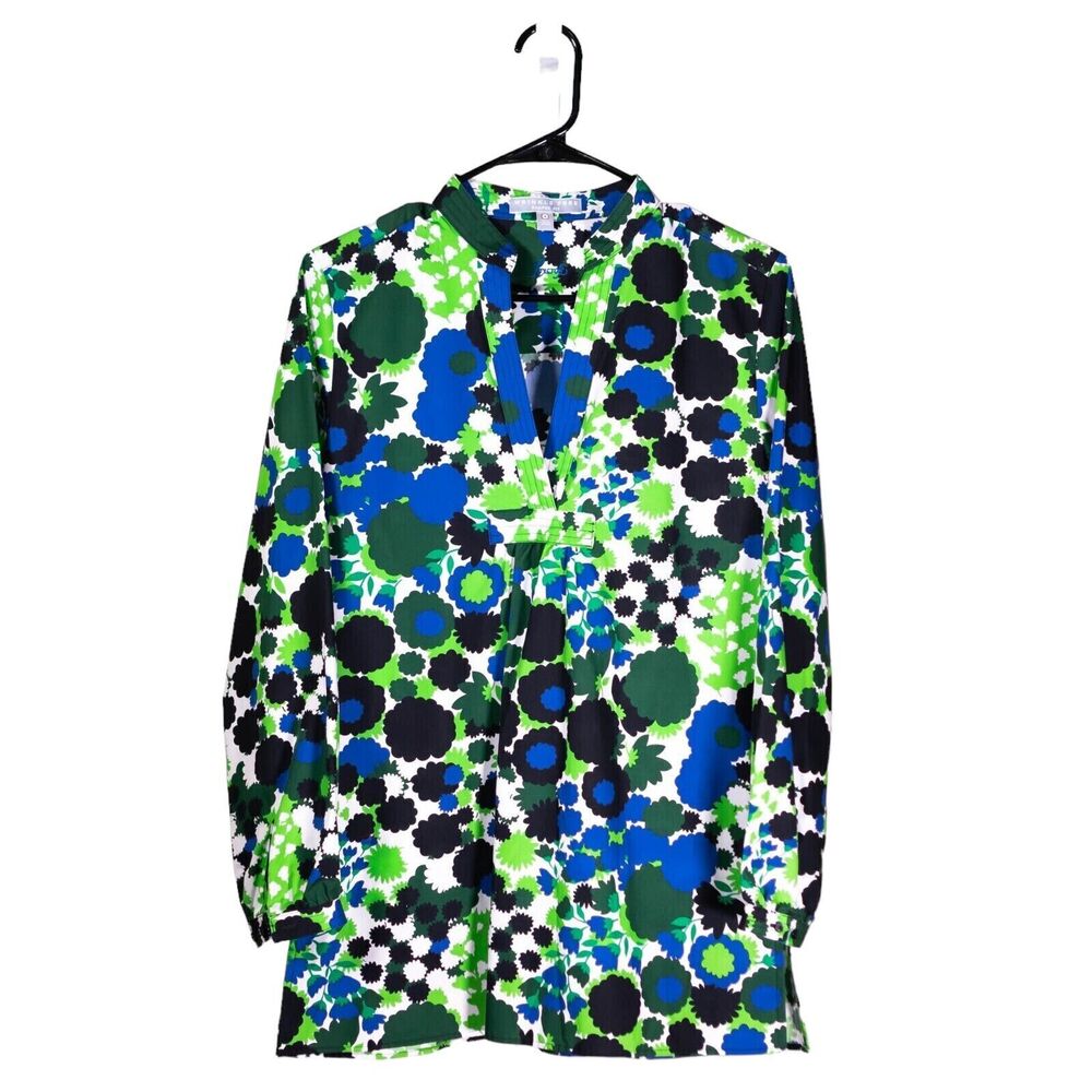 Foxcroft Women's Blouse Floral V-Neck Colorful Retro Hippie Shirt Tunic Top Sz 4